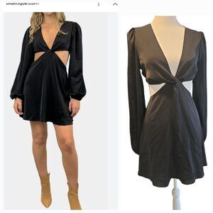 NWT Havana Womens Twist Front Cut-Out Dress Black Small Satin Balloon Sleeve